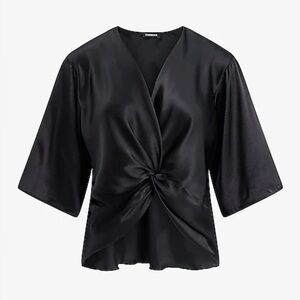 Satin V-Neck Elbow Sleeve Twist Front Top XS